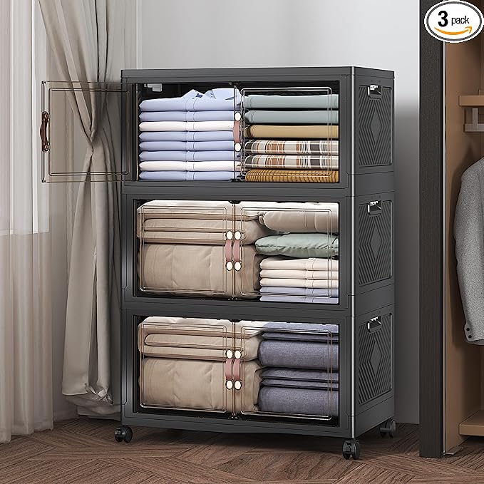 Stackable Storage Bins with Lids, 360QT Closet Organizers and Storage Cabinet with Doors & Wheels, Lockable Plastic Foldable Drawers for Bedroom Dorm Office Garage（120QT*3,Black） by UAMFURIDirect