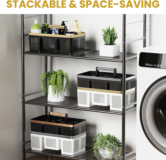 BYUNER Portable Cleaning & Shower Caddy with Handle: Rigid Plastic Basket with 4 Divided Compartments, All-Side Drainage for College Dorm, Bathroom & Utility Use, Black/Gold - Image 5