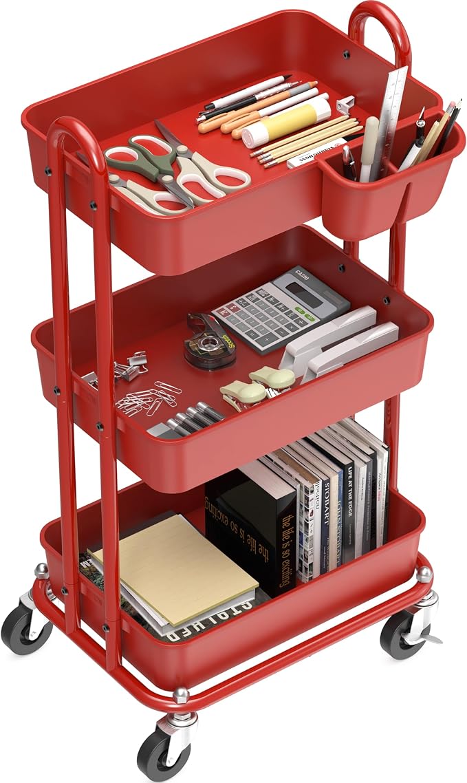 Simple Houseware 3-Tier Rolling Utility Cart with Hanging Bucket, Red | Storage for Bathroom, Kitchen, Office, Study Room, Nursery Diaper by SimpleHouseware