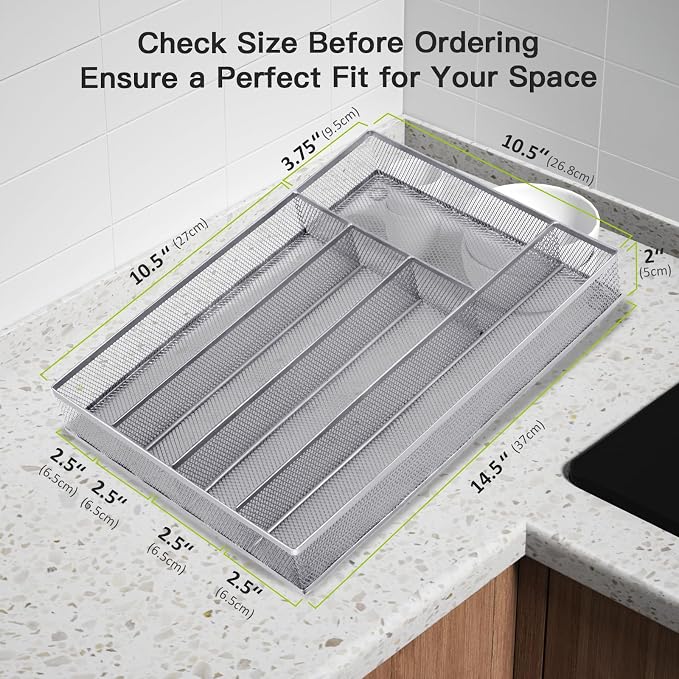 Neudeco Silverware Drawer Organizer, Silver, 5 Compartment | Mesh Wire, Non-Slip Feet, Cutlery Tray, Flatware Storage Divider - Image 2