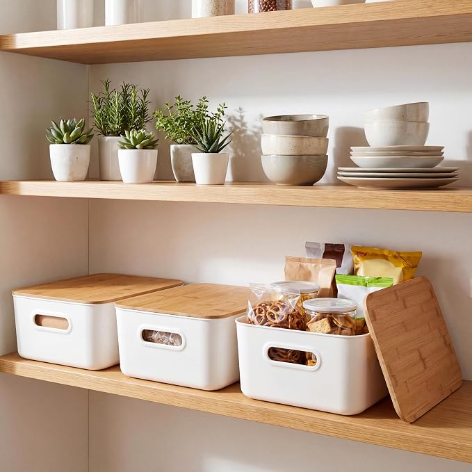 Citylife Storage Bins with Bamboo Lids 16QT Plastic Storage Containers Stackable Organizer Boxes with Handle for Desk Snacks, Toys, 2 PCS, 15" L x 10.6" W x5.8 H - Image 2