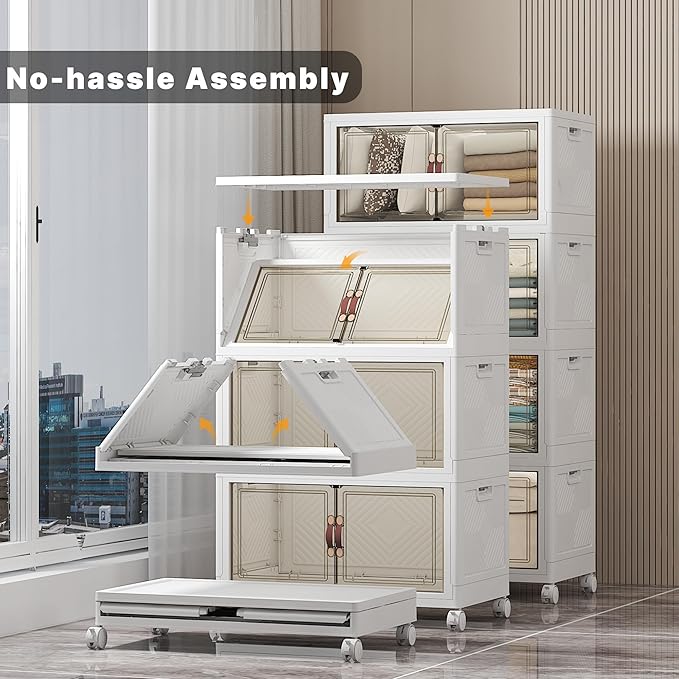 Stackable Storage Bins, 896QT Collapsible Drawers with 2 Lids | Large Capacity, Magnetic Door, Stack Lock, Rolling Wheels, Foldable Design, Organizers and Storage for Bedroom Dorm Garage - Image 2