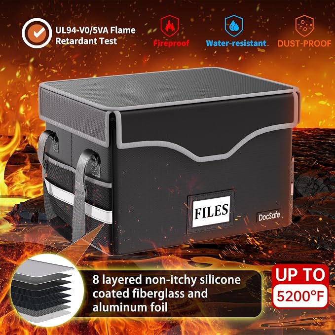DocSafe 5200°F Fireproof Document Box with Lock,Heat Insulated File Organizer Storage with Pockets,Collapsible Portable Home Office File Safe Box with Handle for Hanging Letter/Legal Folders, Black - Image 3