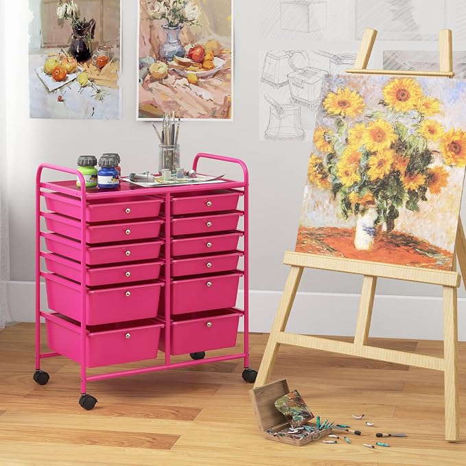 COSTWAY 12-Drawer Rolling Storage Cart, Moveable Art Craft Organizer | Lockable Wheels, Metal Shelf, Files Arrangement Tools Makeup Storage Cart for Office, Home, School (Hot Pink) - Image 2