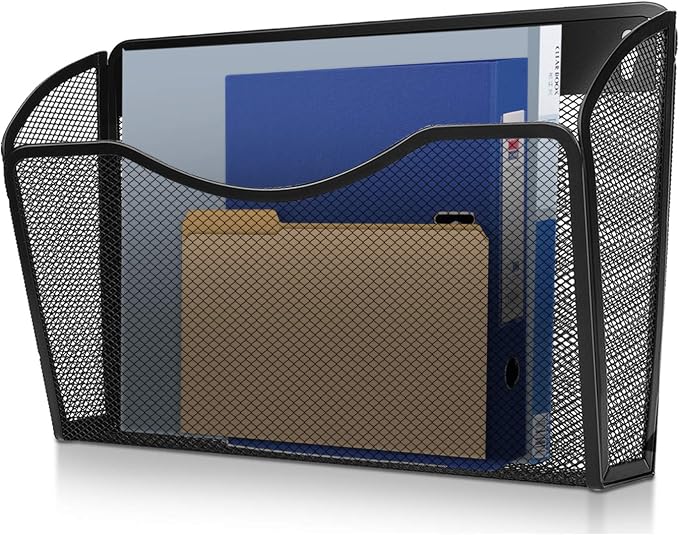 Flexzion Wall Folder File Letter Pocket Holder (6 Pack) Metal Mesh Desk Hanging Basket Box Bin Mail A4 Size Paper Document Organizer, Storage Rack Single Slot Wall Mount for Office School Home - Black - Image 4