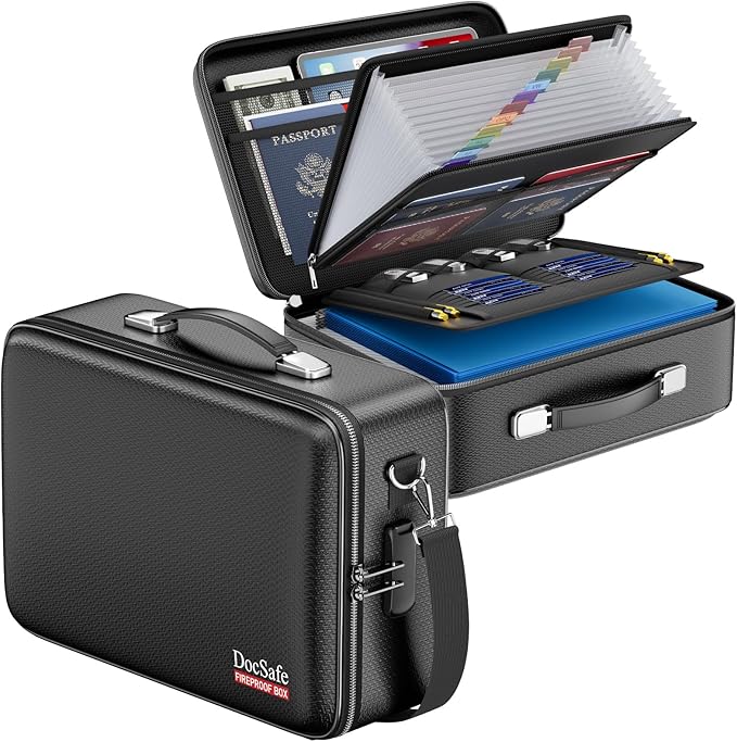 DocSafe Fireproof Document Box with Lock＆Shoulder Strap, Hard-Shell Case File Organizer with Accordion File Folder, Multi-Layer Portable Home Office Travel Safe Storage for Important Documents Laptop by DocSafe
