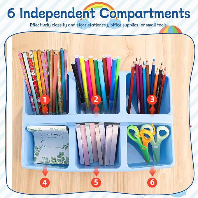 Lineshading 6 Pcs Classroom Caddy Storage - 6 Compartments Plastic Pencil Holders Table Caddy with Handles for Kids Arts, Crafts, Crayon, Marker, Pencil - School Office Organizers Supplies - Image 4