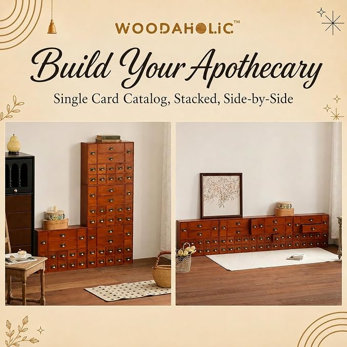 56-Drawer Apothecary Cabinet, Stackable & Modular Vintage Library Card Catalog Organizer, Solid Wood Storage Box with Brass Pulls & Label Holders for Trading Cards, Beads, Stickers & Hardware - Image 7