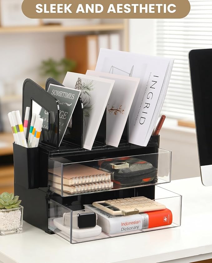LALOBLUE Acrylic Desk Organizer with Drawer and Vertical File Holder, Desk Organizers and Accessories, Multi-Functional Office Supplies Organizer for Home or Work Desk, Black - Image 9