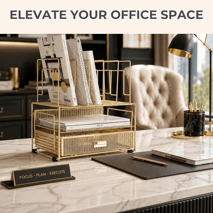 BLU MONACO | Gold Desk Organizer With Drawer | Metal Mesh File Holder & Vertical File Organizer | Desktop Storage for Office Supplies, Papers & Folders | 9.3" D x 13" W x 14" H - Image 2