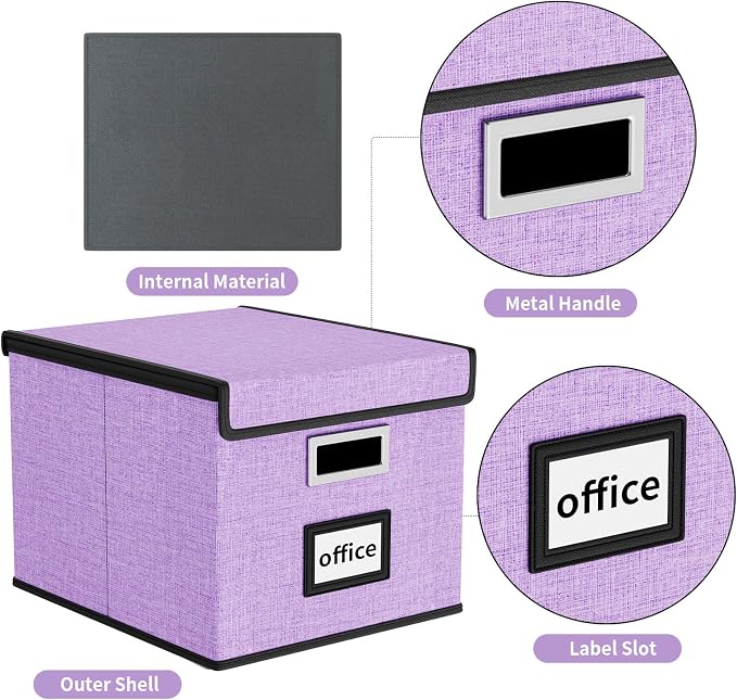 File Organizer Box with Lids, Collapsible File Folder Organizer | File Box with Plastic Slides for Office Document Storage, Filing Bin for Letter Size Hanging File Folders (1 Pack, Lavender) - Image 3