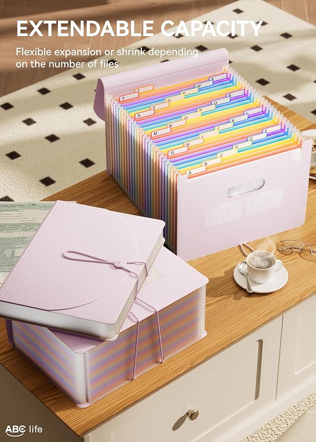ABC life 26-Pocket Accordion File Organizer, Expanding File Folder | Letter/A4 Size, Plastic Monthly Bill & Tax Receipt Holder with A-Z Tabs for Home, Office, Classroom - Pinkish Purple - Image 3