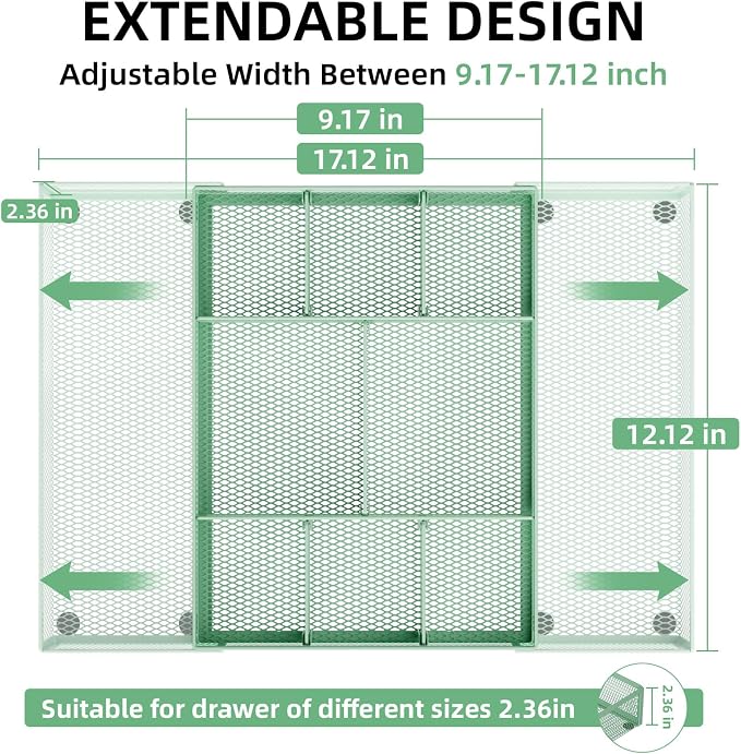 Marbrasse Expandable Desk Drawer Organizer, Mesh Drawer Organizer Tray with 10 Adjustable Compartments, Desk Organizers and Accessories for Office Supplies, Makeup & Vanity (Expandable-Green) - Image 2
