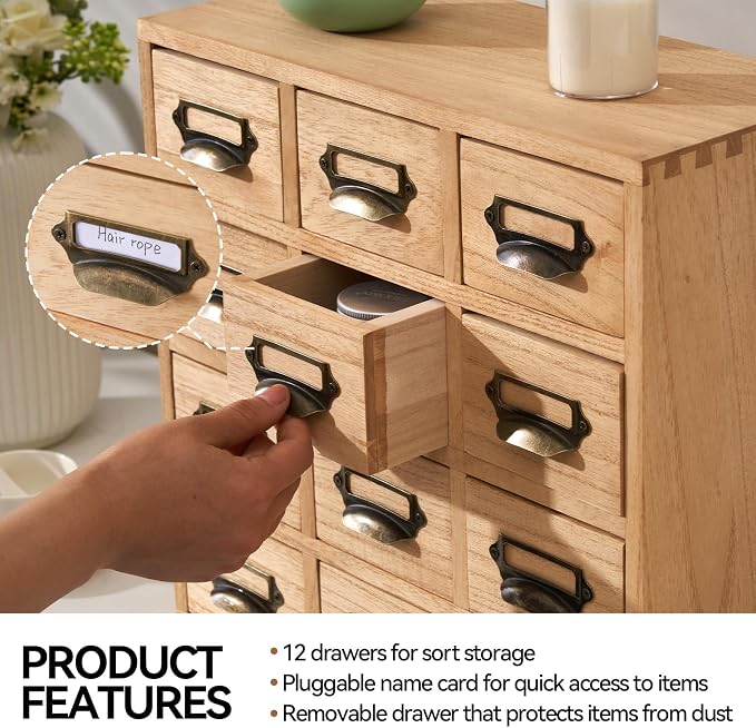KIRIGEN Wooden Storage Cabinet, 12-Drawer Desktop Organizer Natural 12CG-NA | 12 Mini Drawers with Metal Label Holder Pulls for Cards, Crafts, Tea Bags, Jewelry, Office Supplies, and Small Parts - Image 6