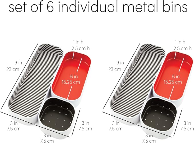 Three by Three Seattle Metal Drawer Organizer Tray Set, 6-Pc, 1" (Red) | Colorful food-safe metal bins; soft non-scratch base; kitchen, bathroom, vanity, desk, makeup & office drawers - Image 3