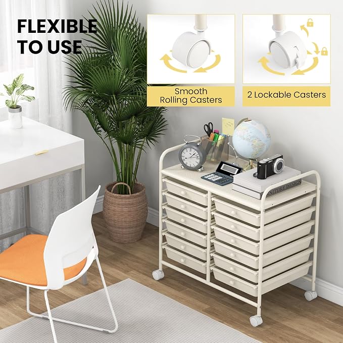 Giantex 12 Drawers Rolling Cart, Mobile Storage Drawer Cart, Classroom Organizer Cart for Office School Supplies Tools Scrapbook Paper Craft Small Printer, Utility Cart on Wheels, White - Image 8