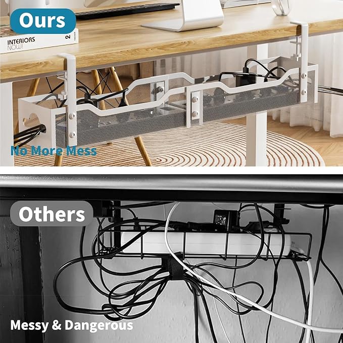 Under Desk Cable Management Tray 32'', Cable Management Under Desk No Drill, Cable Organizer with Clamp for Wire Management, Cord Organizer for Office, Home - No Damage to Table (White) - Image 6