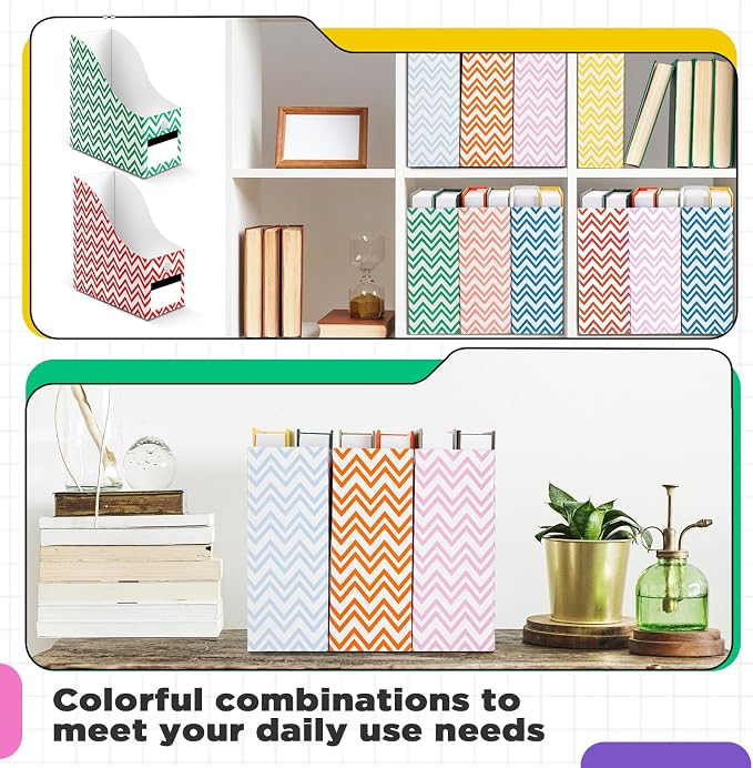 32 Pcs Magazine File Holder Set Including Colored Foldable Desk File Holder Organizer White Label Stickers Cat Pen Cardboard Magazine Storage Box for Document School Office(Solid,Striped) - Image 3