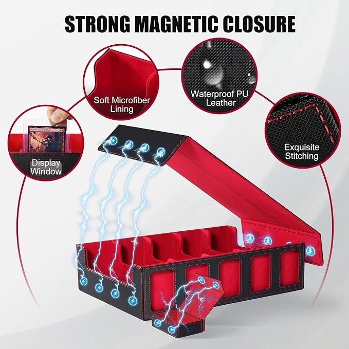 Trading Card Storage Box with Commander Display , 5-Row Deck Case with Removable Lid; 3900+ Card Deck Box for MTG TCG Sports Card, 5 Top Loaders, 5 Stoppers, 48 Dividers,1 Dice Tray (Black Red) - Image 4