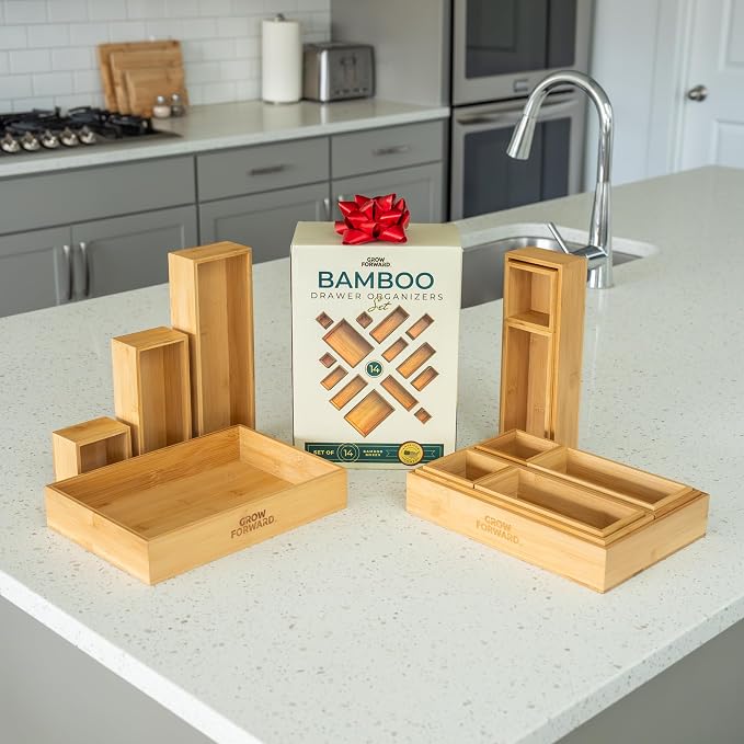 Grow Forward Bamboo Drawer Organizer Boxes - Set of 14 Wooden Drawer Organizers for Kitchen, Bathroom, Office, Desk, Vanity, Makeup - Non-Slip Junk Drawer Organizer Trays for Storage and Organization - Image 6