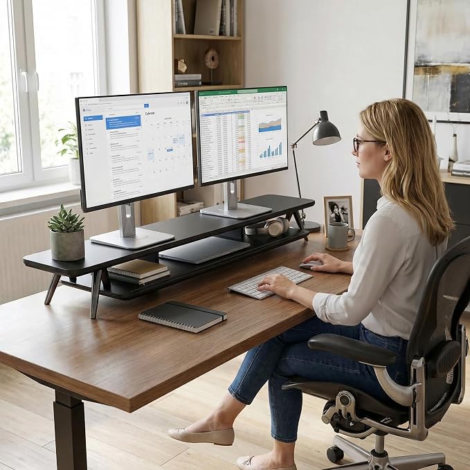 Fenge Dual Monitor Stand Riser, Wooden Desk Shelf with 2-Tier Storage | 47.2-Inch Extra Wide, Sturdy Aluminum Legs, Built-In Phone & Tablet Slot, Desktop Organizer for Office Accessories - Image 8