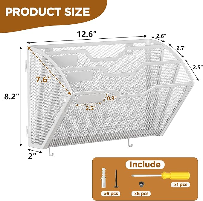 Docnest 3 Pack 3 Tier Mesh Wall File Holders with Hooks for Mail, White | Space-saving vertical design with utility hooks. Ideal paper document organizer for office, home, and school - Image 2
