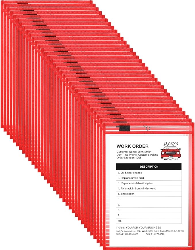 Nezyo Dry Erase Pockets Plastic Job Ticket Holders Shop Holder Order Pockets Clear Sleeves Tickets Folders Plastic Sleeves Paper Teacher Supplies for Classroom(14 x 10 in,Red,50 Pcs) by Nezyo