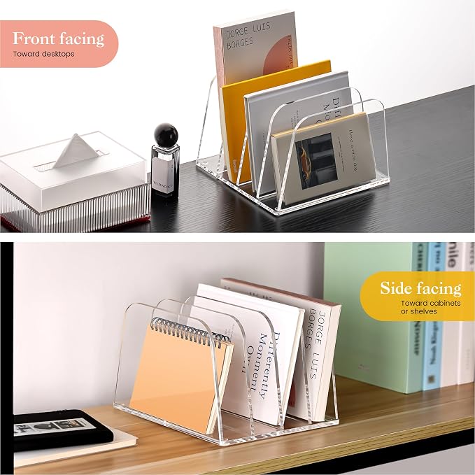 HeZone Desk File Organizer,4-Section Vertical Clear File Organizer File Holder Folder Holder Mail Sorter Acrylic Stand Rack,Office Organization for Home, Office & Classroom(1 Pack) - Image 5