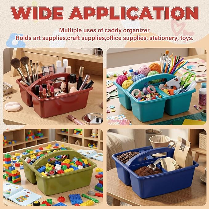 Kathfly 12 Pack Classroom Caddy Organizer with Handle, Plastic Art Craft Cleaning Caddy Bulk, Small Multipurpose Supply Organization Storage Basket for Table Desk Office Pencil Teacher (Deep Color) - Image 3