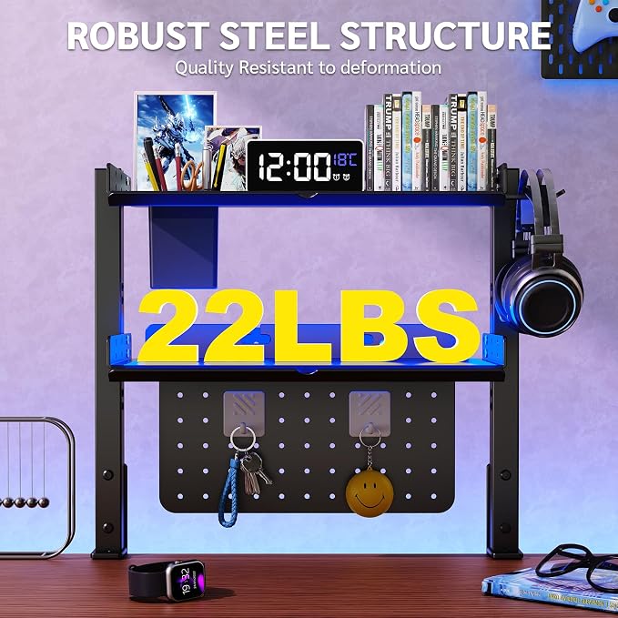 Metal Clamp On Desk Shelf,Storage Shelves with Pegboard and Pencil Holder | 2-Tier Adjustable 16 inch Above or Under Heavy Duty Desktop Organizer with Headphone Holder for Desk Accessories (Black) - Image 3