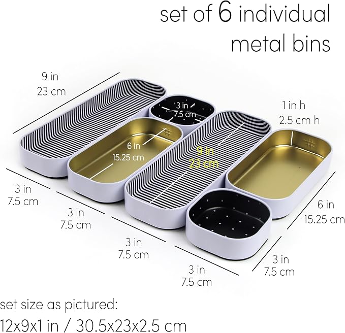 Three by Three Seattle Metal Drawer Organizer Tray Set, 6-Pc, 1" (Gold) | Colorful food-safe metal bins; soft non-scratch base; kitchen, bathroom, vanity, desk, makeup & office drawers - Image 4