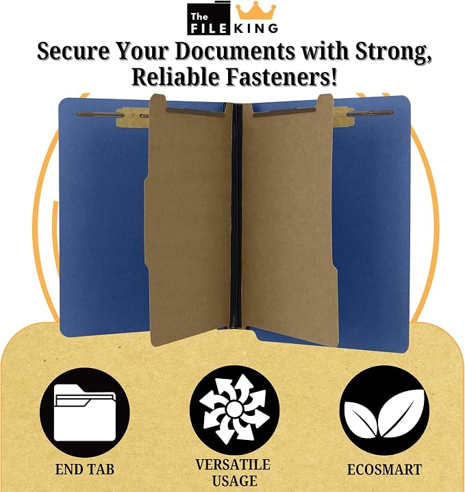 The File King Two Divider Pressboard Classification Blue File Folder - Letter Size | Box of 10 | End Tab | 2” Expansion | Six 2-Inch Fastener Prongs | Made in America - Image 3