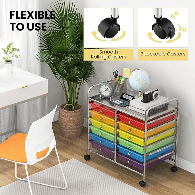 Giantex 12 Drawers Rolling Cart, Mobile Storage Drawer Cart, Classroom Organizer Cart for Office School Supplies Tools Scrapbook Paper Craft Small Printer, Utility Cart on Wheels, Rainbow - Image 8
