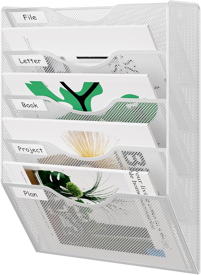 EasyPAG Wall File Organizer 5 Tier Hanging Paper Folder Holder, Zero Assembly Metal Mesh Wall Mounted Mail Organizer for Office Home Classroom Narrow Spaces, White - Image 2
