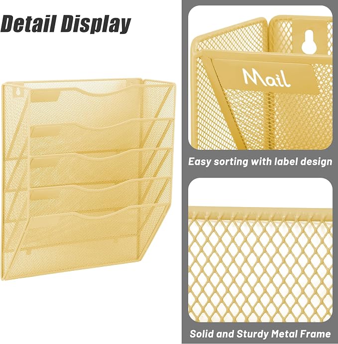 5 Pocket Mesh Hanging Wall File Organizer, Wall Mounted Mail Paper Document Folder Holder, Clipboard Storage Organization Magazine Rack with Nametag Label for Office Home School, Gold - Image 3