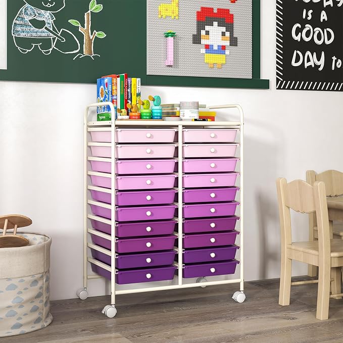 GOFLAME 20-Drawer Rolling Storage Cart, Multifunctional Art Craft Organizer Cart, Mobile Utility Storage Cart with Removable Drawers & Lockable Wheels, Craft Cart for Home Office, Purple Gradient - Image 2