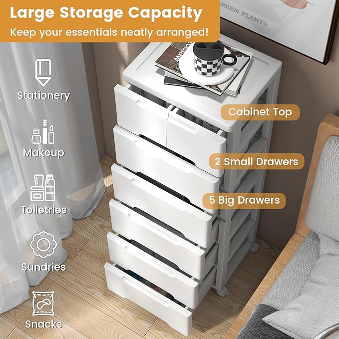 7-Drawer Plastic Rolling Storage Cart (16"x13"x45") | Mobile Storage Cabinet | Vertical Storage Tower Container Unit | 4 Universal Wheels | For Living Room, Home Office - Image 6