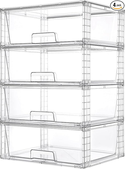 Vtopmart 4 Pack Large Clear Stackable Storage Drawers for Closet, Pantry | Easily Assemble Bathroom Closet Undersink Organizers,Plastic Bins for Cabinet,Kitchen Pantry,Medicine Organization by Vtopmart