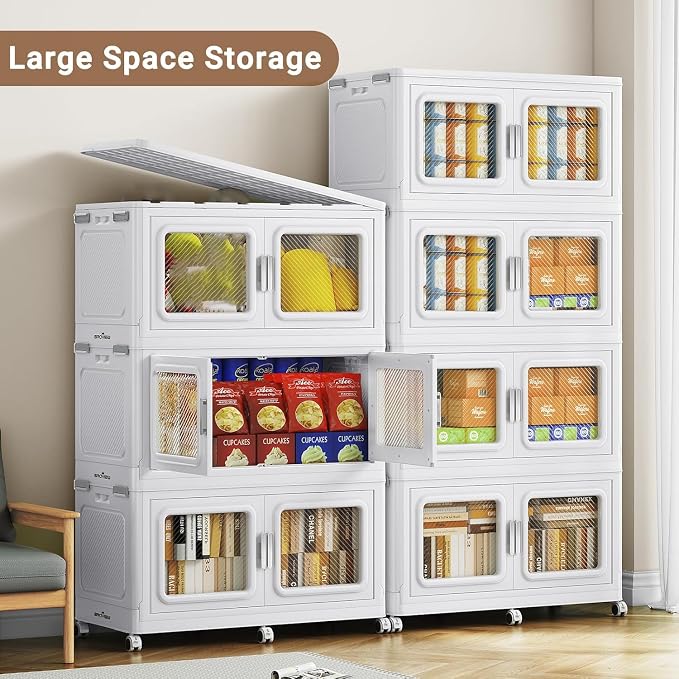 BROVIEW 1200 Qt/300 Gal Stackable Storage Bins with Lids, 4 Pack, White | Large Stackable Storage Boxes w/ 1 Lid Folding Plastic Cart Organizer for Home Kitchen, Open Front Clear Door with Wheels - Image 3