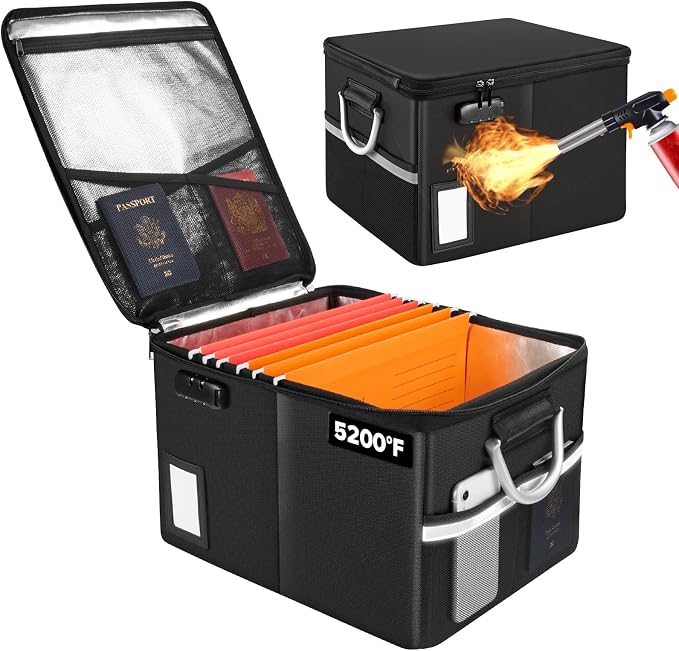 TOMKID 5200°F Fireproof Document Box, Fire Important Document Organizer with Lock, Upgraded Heat Insulated Filing Storage Cabinet Office Organization (5200°F Fireproof Box, Black) by Aobteeny