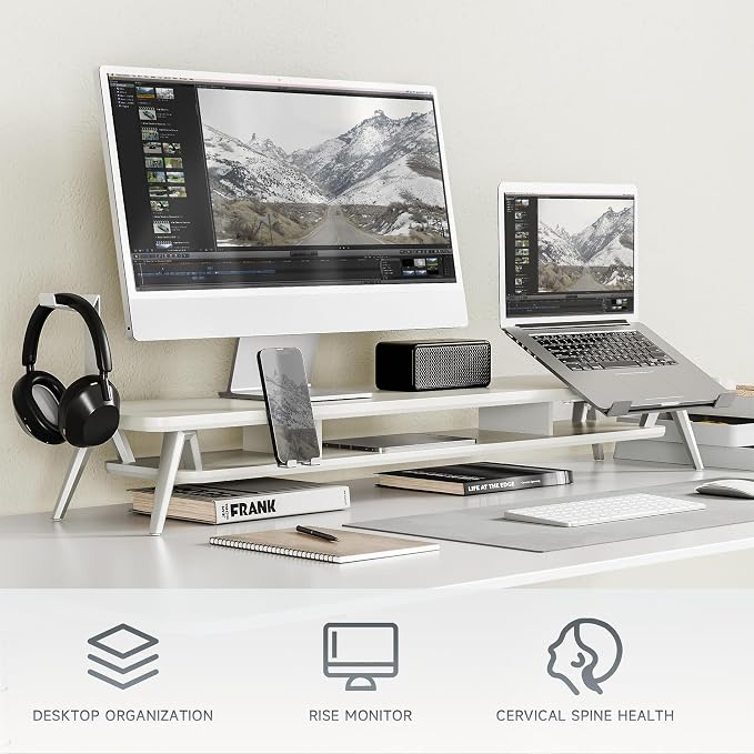 Fenge 42.5-Inch Monitor Stand Riser with Laptop, Phone & Headphone Holders | 10° Adjustable Laptop Holder, 2-Tier Storage, Dual Monitor or Monitor-Laptop Setup, Ideal for Multitasking, Gaming, Streaming - Image 2