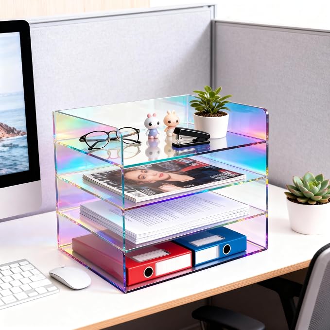 Gelite Acrylic File Organizer for Desk 4 Tiered Stackable Letter Tray Office Paper Storage Desktop Document Sorter, Iridescent - Image 8