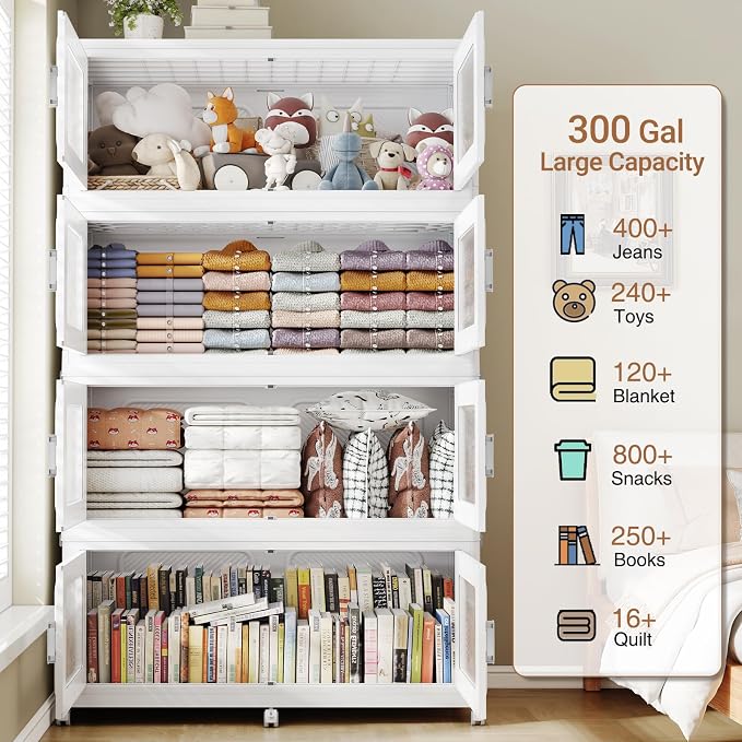BROVIEW 1200 Qt Extra Large Stackable Storage Bin with 1 Lid, 4 Pack White | 300Gal Extra Large, Collapsible Storage Boxes with 1 Lid, Folding& Rolling Plastic Drawer, Heavy-Duty Cabinet Organization - Image 4