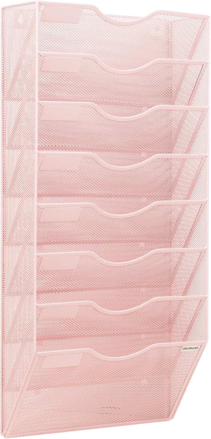 Mind Reader Wall File Organizer, 8 Pocket Hanging Document Rack, Office Wall Mount, Metal Mesh, Pink - Image 7