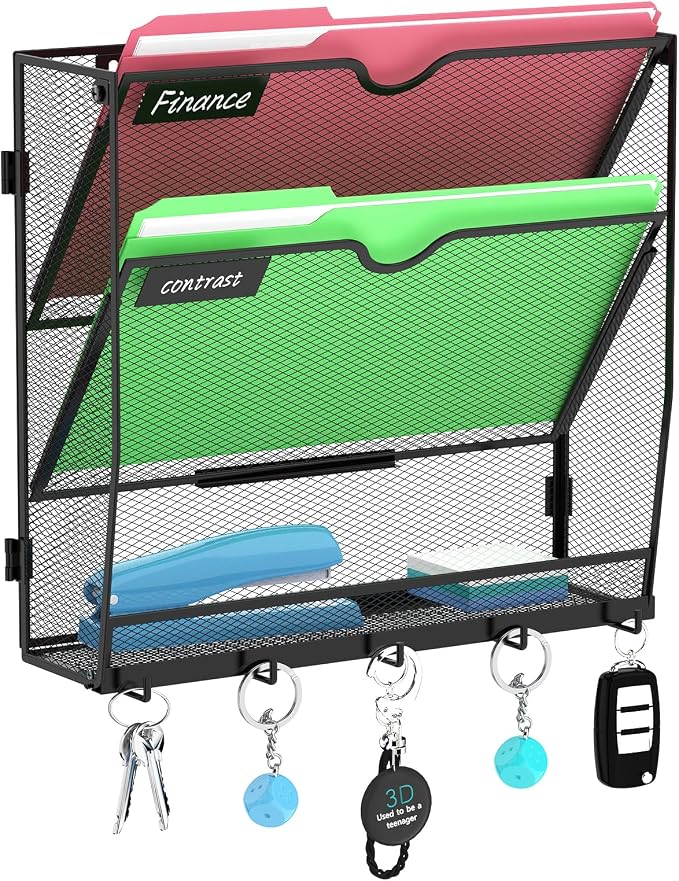 3-Tier Wall File Organizer with Hook, Hanging File Organizer Black | Wall-mounted mail storage holds papers, folders, files, clipboards and magazines, assembly required for office or home use. by Unknown