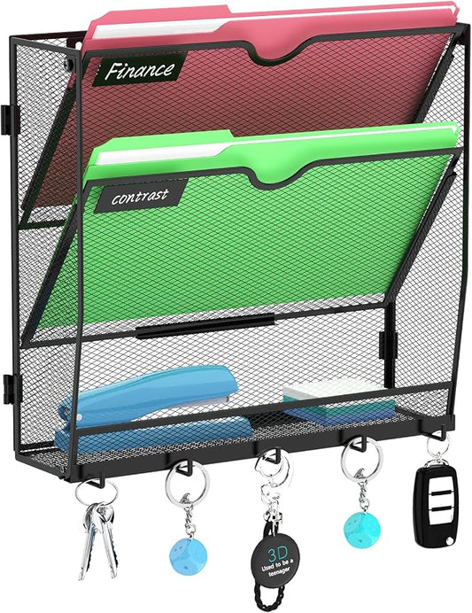 3-Tier Wall File Organizer with Hook, Hanging File Organizer Black | Wall-mounted mail storage holds papers, folders, files, clipboards and magazines, assembly required for office or home use. by Unknown