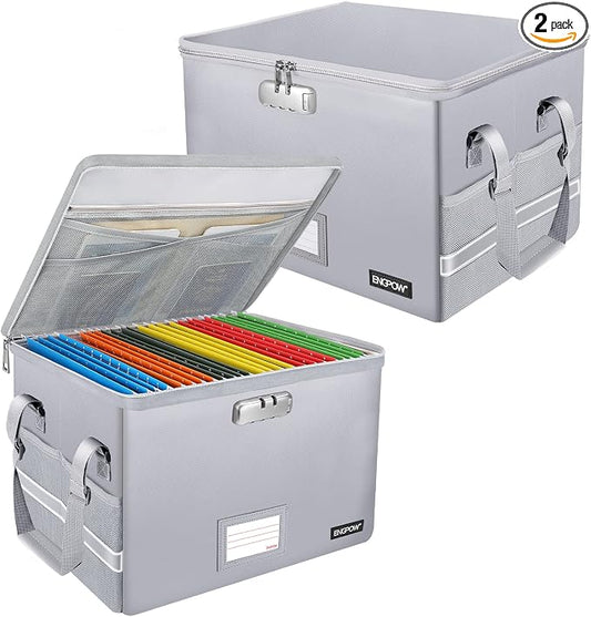ENGPOW File Box with Lock, Fireproof Document Box with Pockets, Collapsible File Organizer Filing Storage Cabinet with Handle, Portable Home Office Safe for Hanging Letter/Legal Folders,Silver,2 Pack by ENGPOW