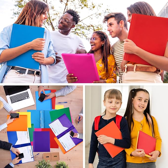 Cholemy 132 Packs Pocket Folders with Prongs Heavy Duty Plastic Folder with Business Card Slot 3 Prong Fasteners for School Office (Cute) - Image 7