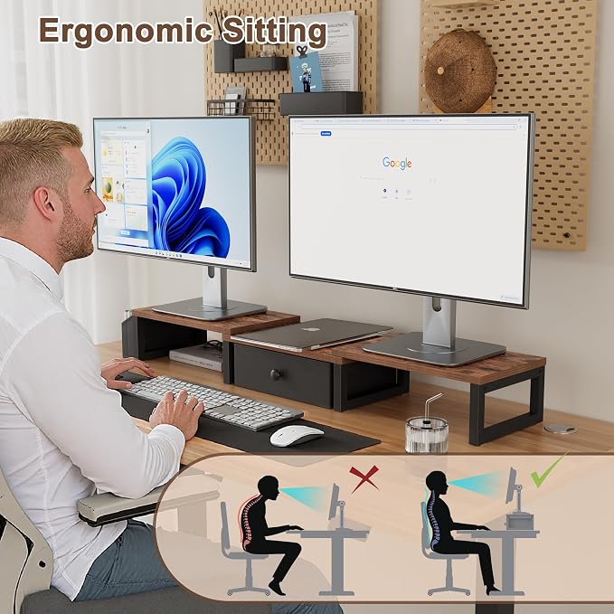 LAND·VOI Heavy Duty Dual Monitor Stand, Holds 2 Screens Up to 27 Inches, Adjustable Length and Angle Monitor Riser, Desk Organizer with Side Pockets and Drawers, Home Office Desk Storage, Rustic Brown - Image 6
