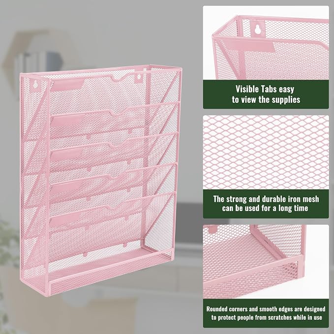 6 Tier Mesh Hanging Wall File Organizer, Desk Vertical Mail Paper Document Folder Holder Rack with Bottom Tray and Nametag Label for Office Home School, Pink - Image 4
